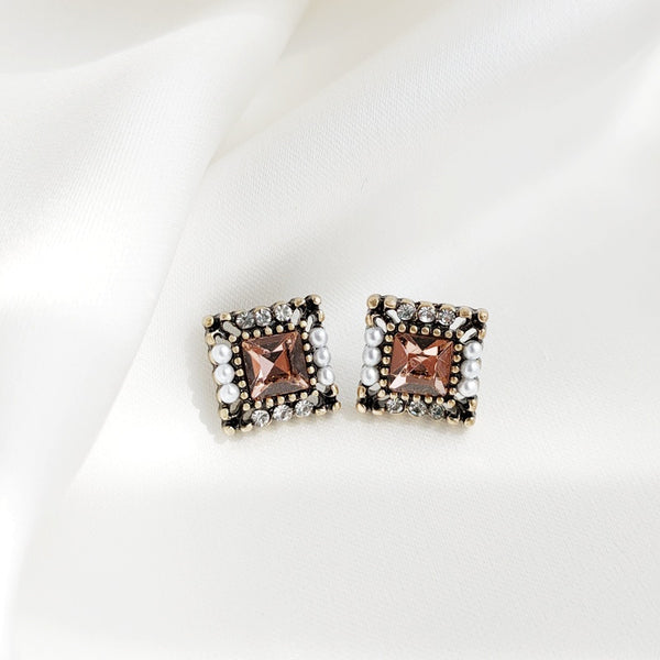 Square Pink Crystal Rhinestone Vinage Style Pearl Invisible Clip On Stud Earrings