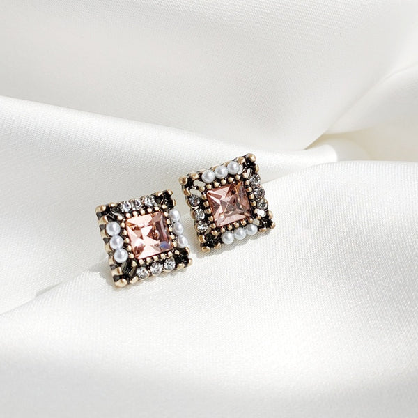 Square Pink Crystal Rhinestone Vinage Style Pearl Invisible Clip On Stud Earrings