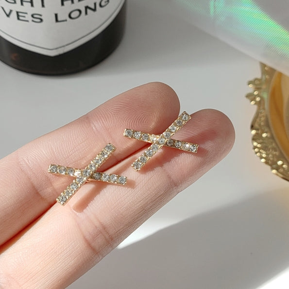 Crystal Rhinestone Pave Gold Cross Invisible Clip On Stud Earrings