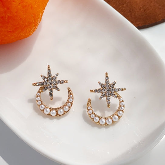 Crystal Rhinestone Star White Pearl Moon Invisible Clip On Stud Earrings