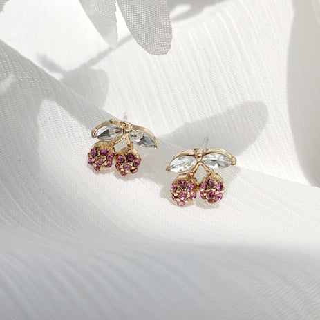 Crystal Rhinestone Cherry Pink Invisible Clip On Stud Earrings