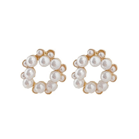 White Pearl Flower Circle Wreath Invisible Clip On Earrings