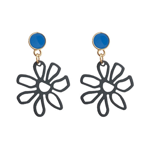 Dangle Large Blue Flower Filigree Invisible Clip On Earrings