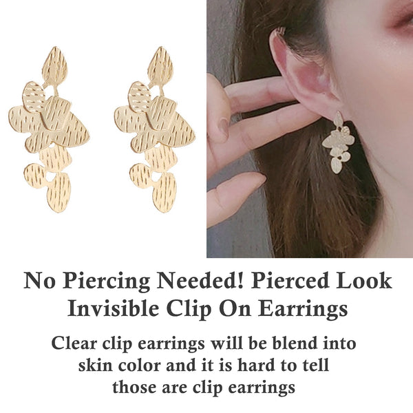 Dangle Gold Leaf Leaves Invisible Clip On Stud Earrings
