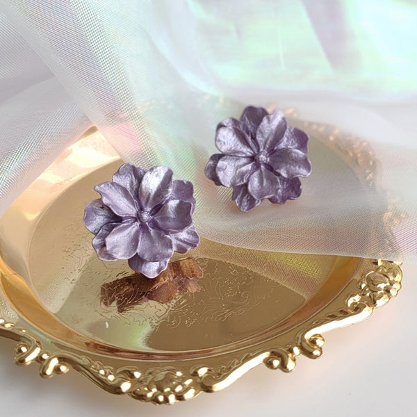 Large Purple Flower Invisible Clip On Stud Earrings
