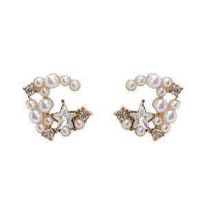 Moon Space Crystal Rhinestone White Pearl Invisible Clip On Earrings