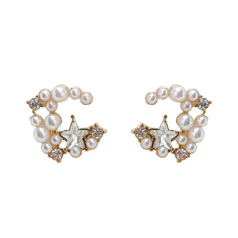 Moon Space Crystal Rhinestone White Pearl Invisible Clip On Earrings