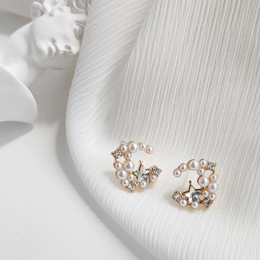 Moon Space Crystal Rhinestone White Pearl Invisible Clip On Earrings