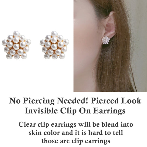 Round White Pearl Invisible Clip On Stud Earrings