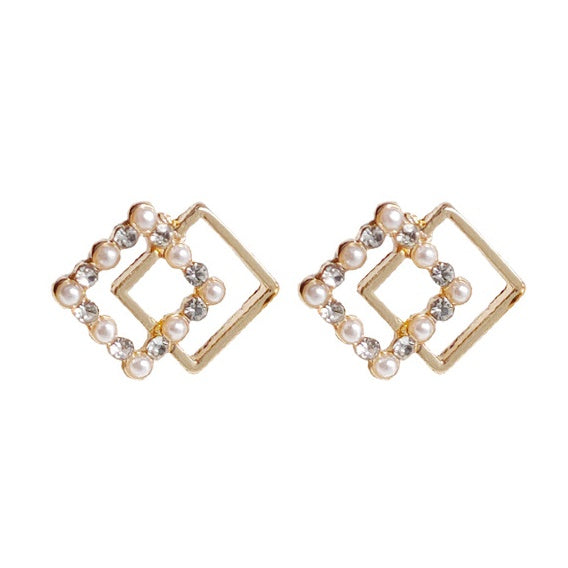 Square Clear Crystal Rhinestone White Pearl Invisible Clip On Stud Earrings