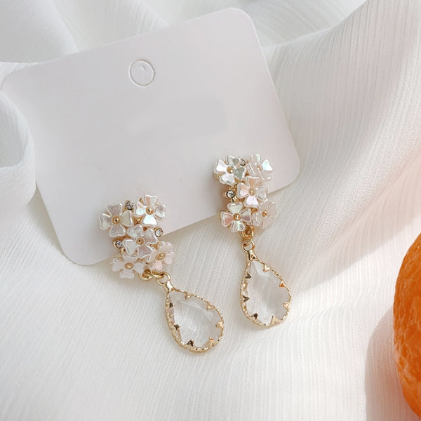 White Flower Dangle Teardrop Clear Crystal Invisible Clip On Stud Earrings