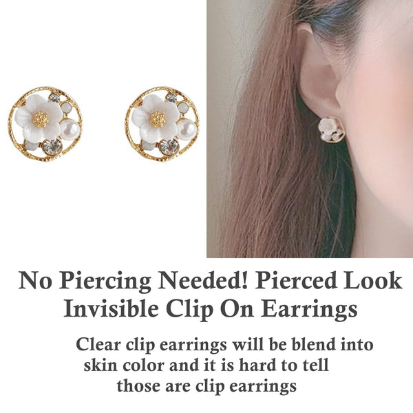 White Flower Pearl Invisible Clip On Stud Earrings