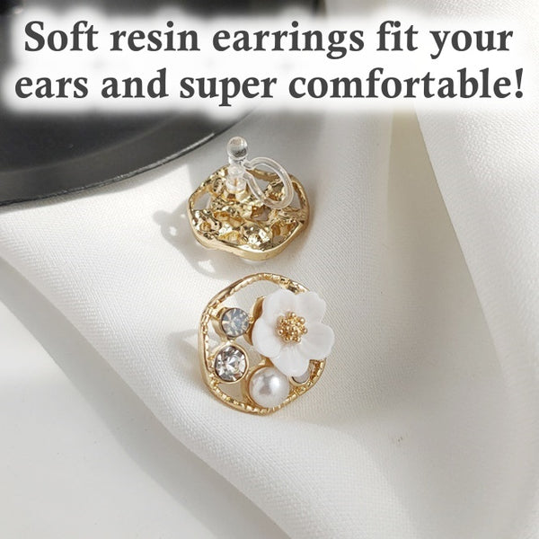 White Flower Pearl Invisible Clip On Stud Earrings