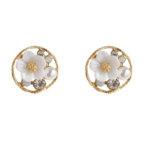 White Flower Pearl Invisible Clip On Stud Earrings