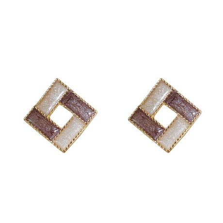 White Light Brown Crystal Mosaic Square Invisible Clip On Earrings