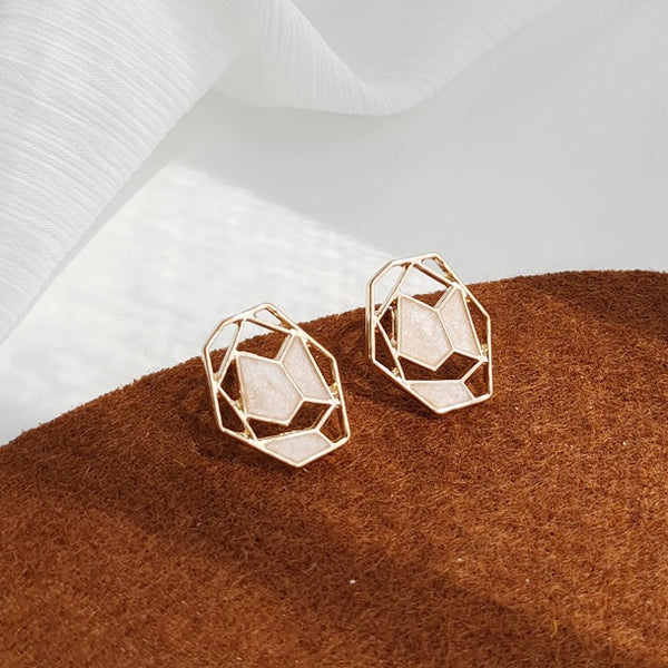 Organic Shaped White Mosaic Crystal Invisible Clip On Stud Earrings