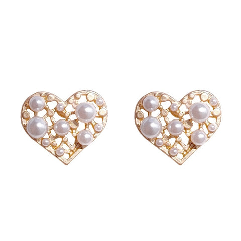 White Pearl Heart Filigree Invisible Clip On Earrings