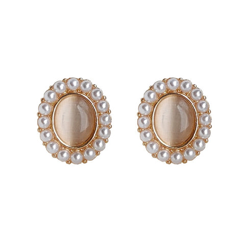 Vintage Style White Pearl Gold Crystal Rhinestone Invisible Clip On Stud Earrings