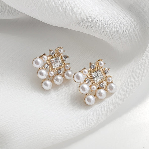 White Pearl Square Filigree Crystal Rhinestone Invisible Clip On Earrings