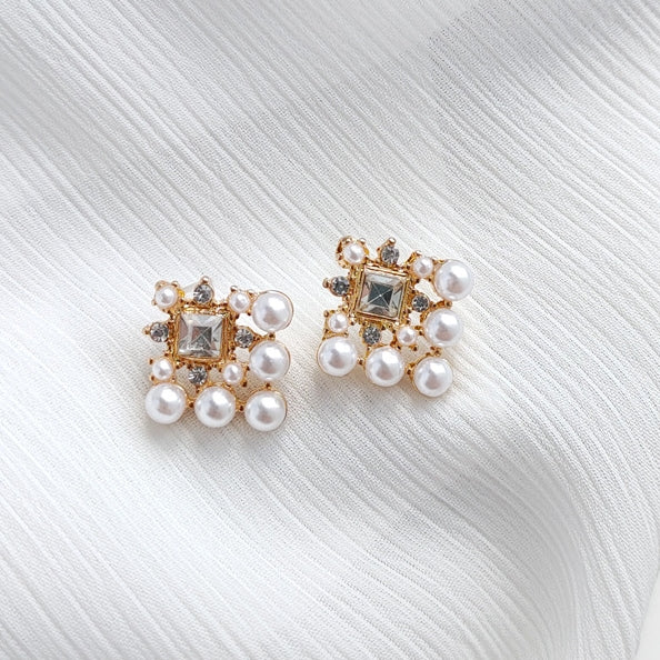 White Pearl Square Filigree Crystal Rhinestone Invisible Clip On Earrings