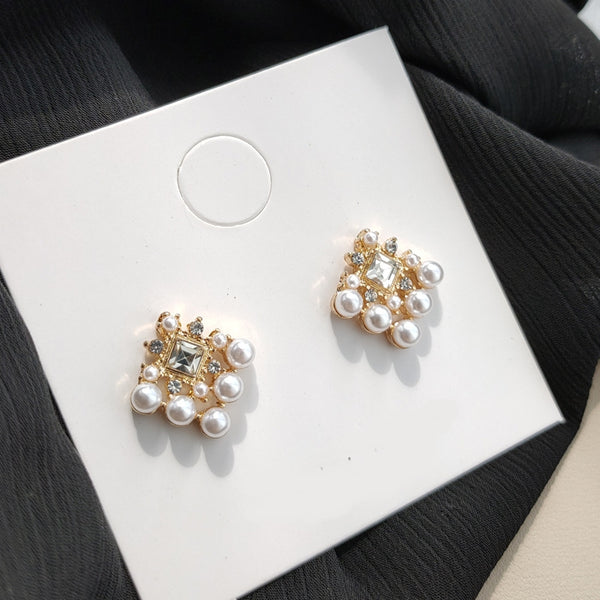 White Pearl Square Filigree Crystal Rhinestone Invisible Clip On Earrings