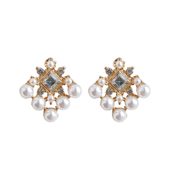 White Pearl Square Filigree Crystal Rhinestone Invisible Clip On Earrings