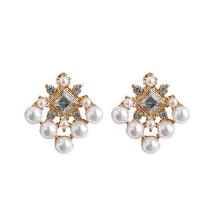 White Pearl Square Filigree Crystal Rhinestone Invisible Clip On Earrings