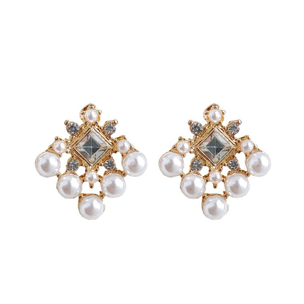 White Pearl Square Filigree Crystal Rhinestone Invisible Clip On Earrings