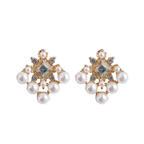 White Pearl Square Filigree Crystal Rhinestone Invisible Clip On Earrings