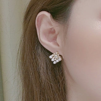 White Pearl Square Filigree Crystal Rhinestone Invisible Clip On Earrings