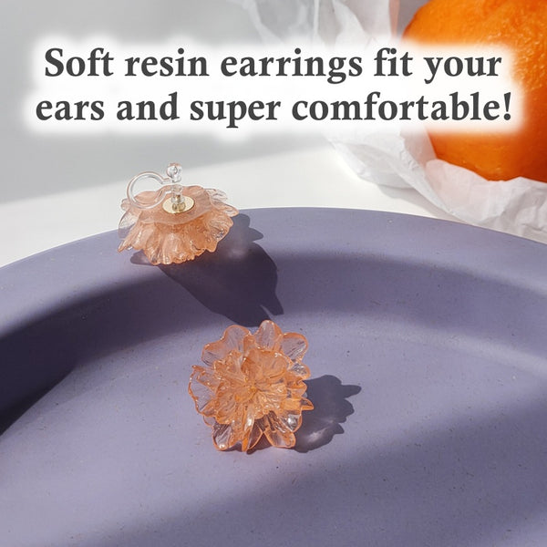 Orange Large Flower Invisible Clip On Stud Earrings