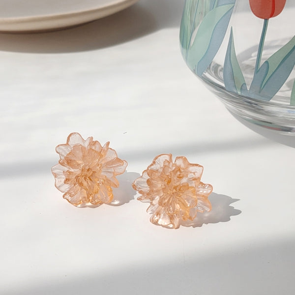Orange Large Flower Invisible Clip On Stud Earrings