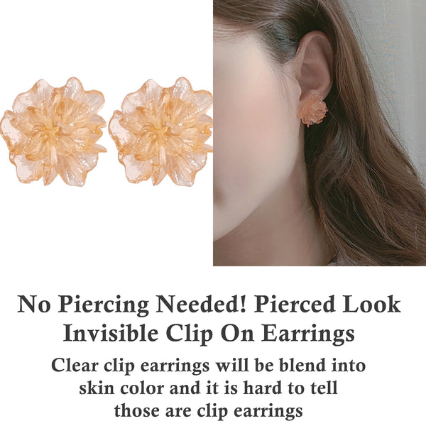 Orange Large Flower Invisible Clip On Stud Earrings
