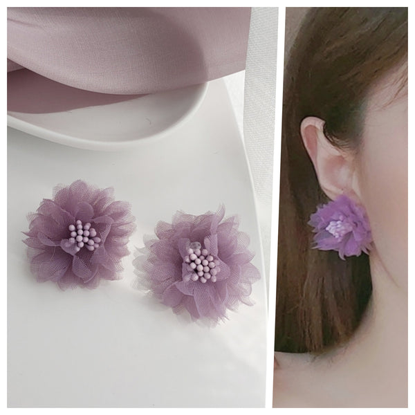 Fabric Light Purple Flower Invisible Clip On Stud Earrings