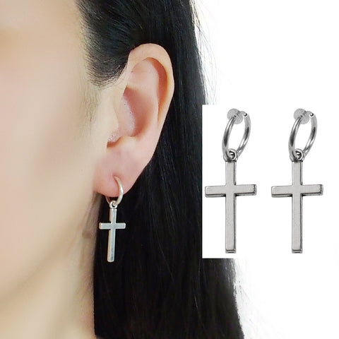 Dangle Silver Unisex Cross Hoop Invisible Clip On Stud Earrings