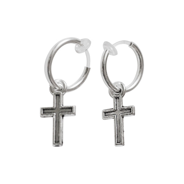 Dangle Silver Unisex Small Cross Hoop Invisible Clip On Stud Earrings