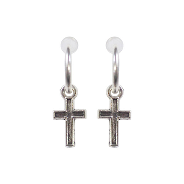 Dangle Silver Unisex Small Cross Hoop Invisible Clip On Stud Earrings