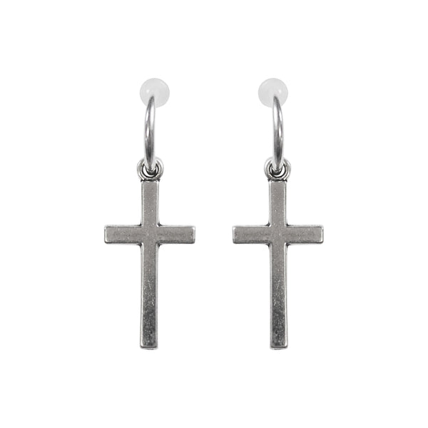 Dangle Silver Unisex Cross Hoop Invisible Clip On Stud Earrings