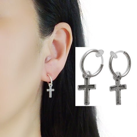 Dangle Silver Unisex Small Cross Hoop Invisible Clip On Stud Earrings