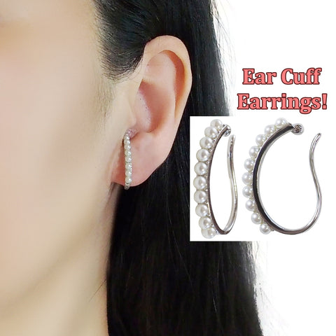 Silver Pearl HoopEar Cuff Clip On Earrings