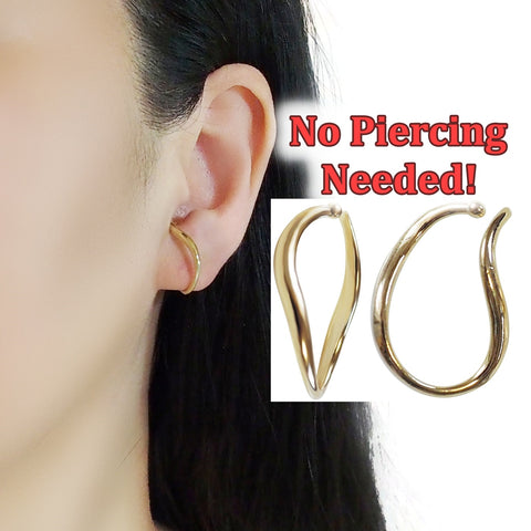 Gold Organic Shaped HoopEar Cuff Clip On Earrings