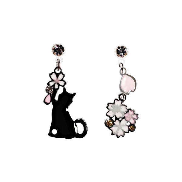 Dangle Black Cat Silver Pink Cherry Blossom Flower Invisible Clip On Earrings