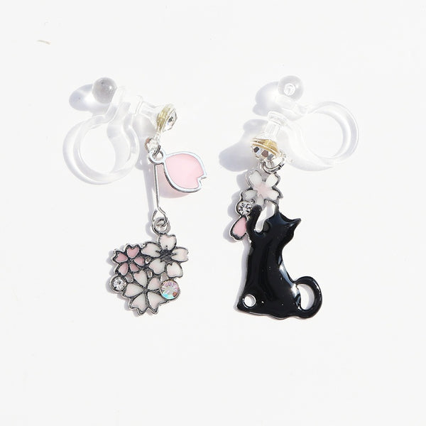 Dangle Black Cat Silver Pink Cherry Blossom Flower Invisible Clip On Earrings