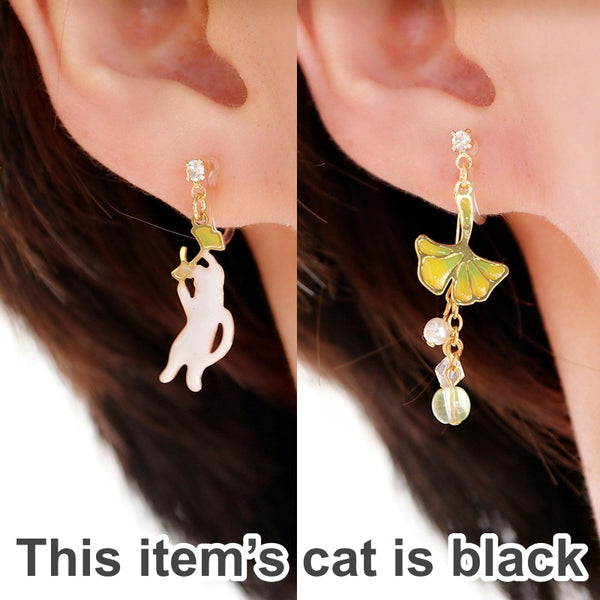 Dangle Black Cat Yellow Ginkgo Leaf Gold Invisible Clip On Earrings