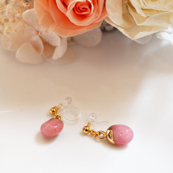 Drop Rose Quartz Invisible Clip On Earrings