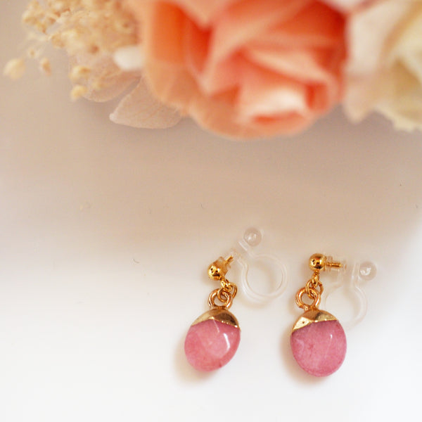 Drop Rose Quartz Invisible Clip On Earrings