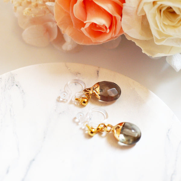 Drop Smoky Quartz Invisible Clip On Earrings