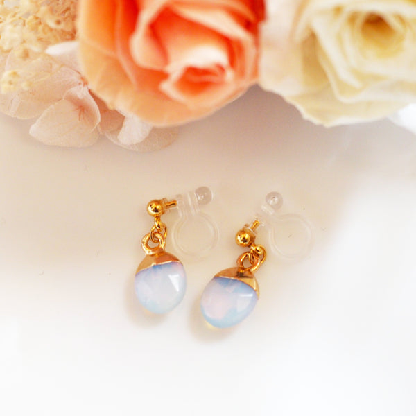 Drop Synthhetic White Opal Invisible Clip On Earrings