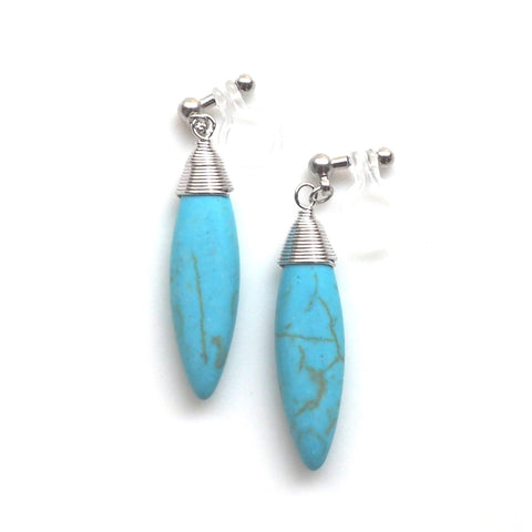 Blue turquoise bar invisible clip on earrings - Miyabi Grace