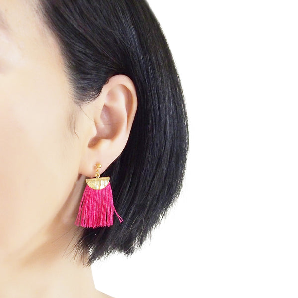 Fuchsia Pink flat tassel invisible clip on earrings - Miyabi Grace